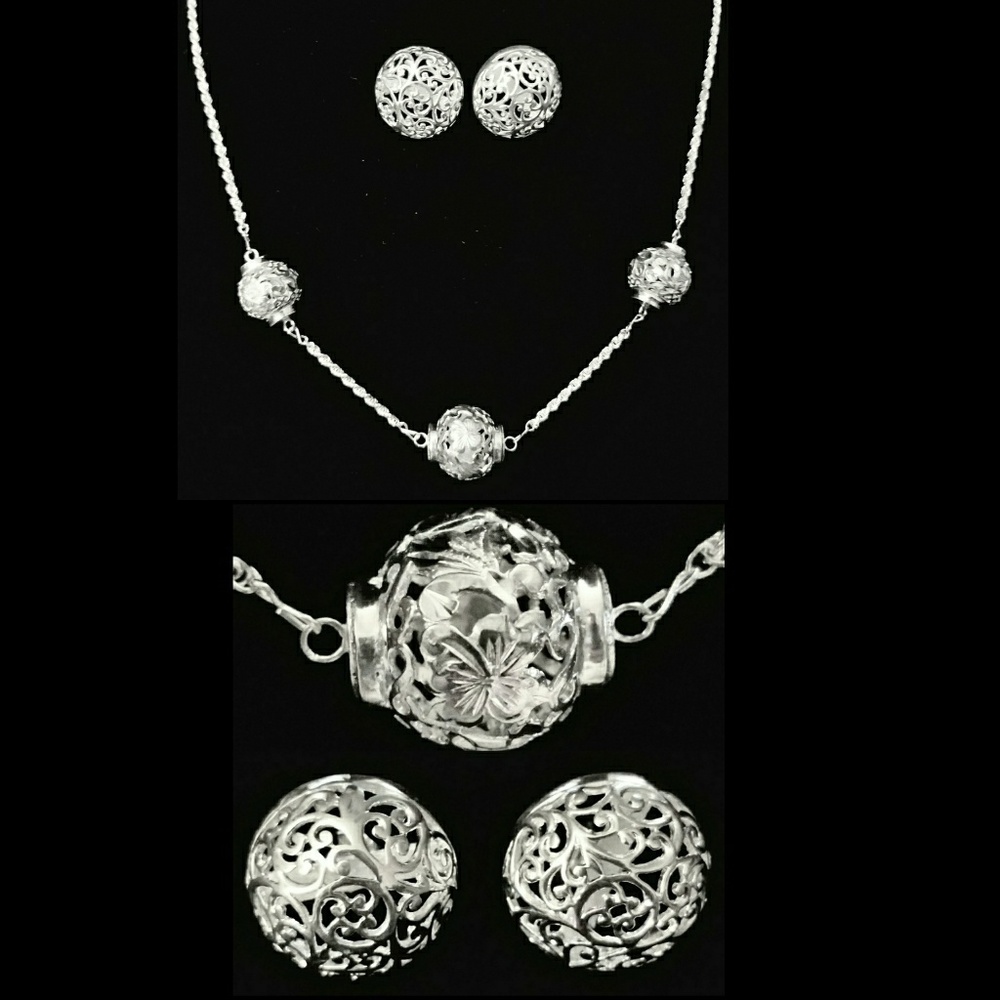 🍃⚘️925 Sterling Silver Filigree Floral Necklace & Earring Set
